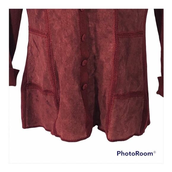 J. Jill Rustic Red Crochet Wool & Suede Patchwork Long Cardigan Sweater Jacket - Picture 6 of 16
